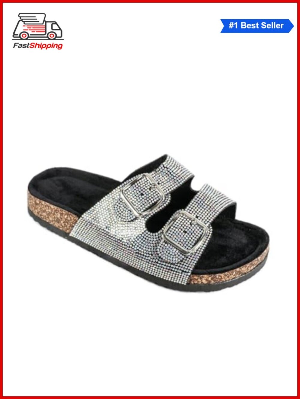 ✨ Women's Cork Footbed Slides with Diamond Sequin & Metal Buckle